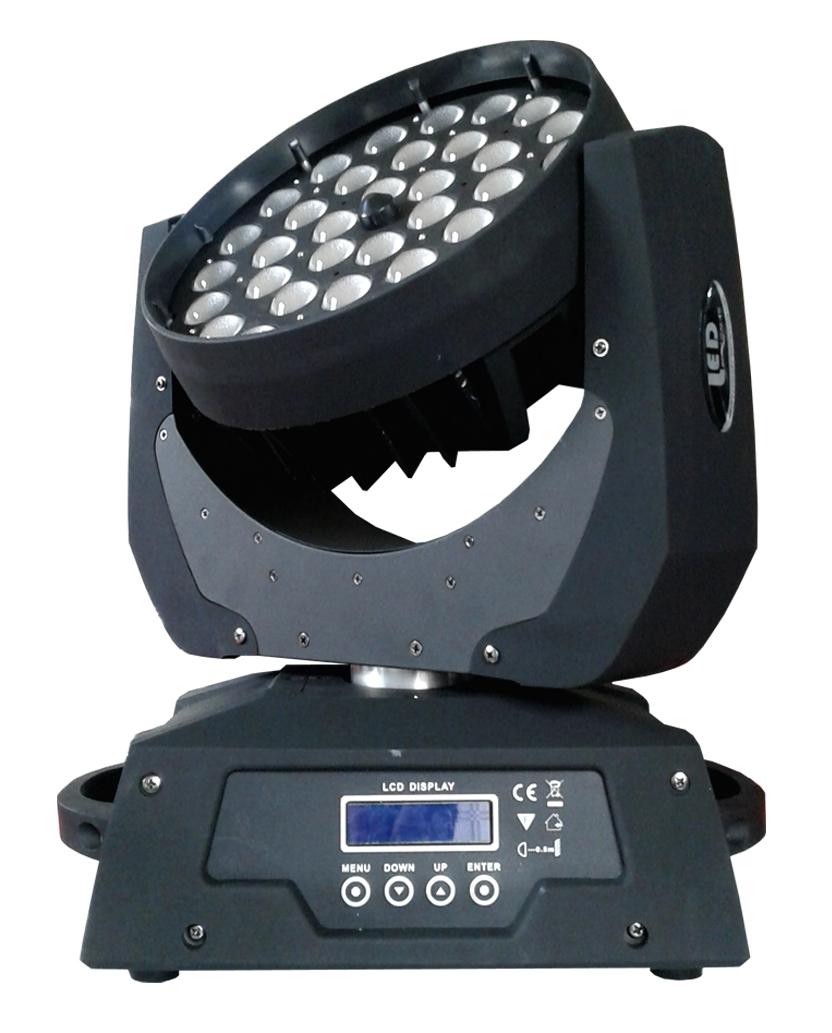 CABEZA MOVIL-Voltage: AC 90-240v, 50/60Hz Power consumption: 360w Lighting Source: 36 pcs 18w led Color: RGBW 4 in 1 Control: DMX, master slave, sound active, auto mode.