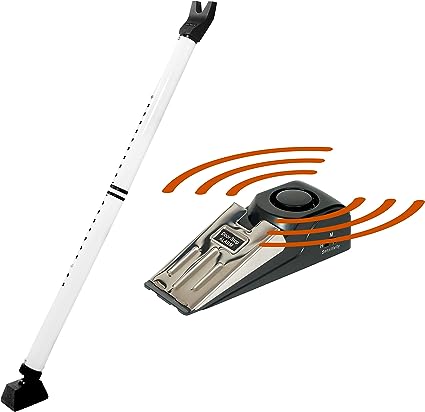 DMSCDRALM1 Paquete de alarma de tope de puerta y barra de seguridad de puerta, casa, apartamento, escuela, sistema de seguridad de puerta de hotel, ligero y portátil