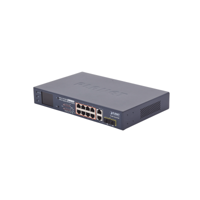 FGSD-1022VHP Switch PoE+ / distancia 250 metros / 8 puertos + 2 combo TP/SFP gigabit y pantalla LCD para monitoreo