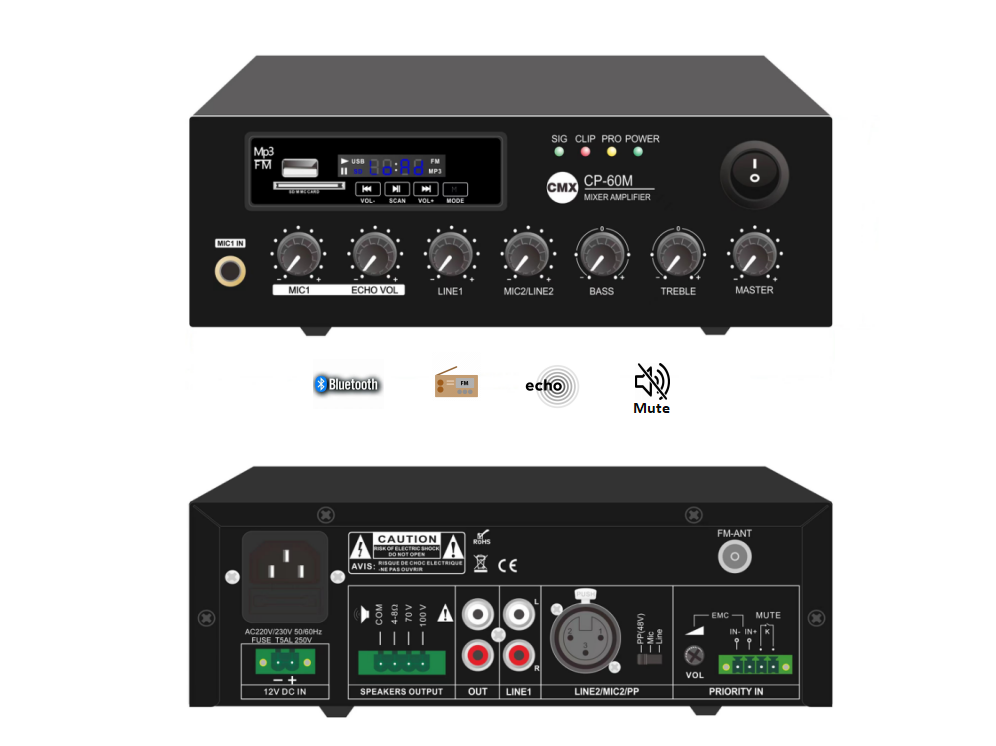 CP-60M Mini amplificador mezclador con USB/SD/FM/Bluetooth/Echo 60W
