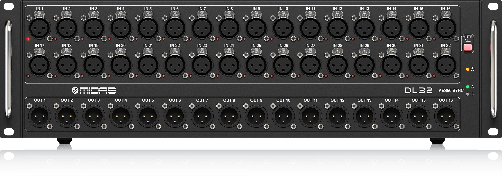 DL32 Caja de escenario de 32 entradas y 16 salidas con 32 preamplificadores de micrófono Midas, interfaces ULTRANET y ADAT