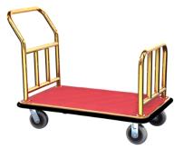 ES5011  Luggage cart Stainless steel construction with gold chromefinishQuality red carpet6‘’solid wheels2 fixed castors and 2 swivel castorsBumper is wrapped around at the edge ofplatformLoading capacity up to 200kgsSize: L1050 x W610 x H900mm