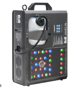 JAVELIN; MÃ¡quina de humo multiposicional de 1450W con 32 Leds RGBA de 2W, depÃ³sito con capacidad de 2.5L, consumo de 180ml por minuto, tiempo de calentamiento inicial de 9 minutos y salida de 1415mÂ³ por minuto. RDM y DMX a 1, 4, 7 y 12 canales.