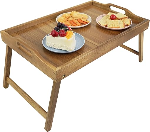 Acacia Bed Tray Table Mesa de cama de acacia para comer, bandeja grande para desayuno con patas plegables, bandejas de madera para servir y trabajar con el portátil.
