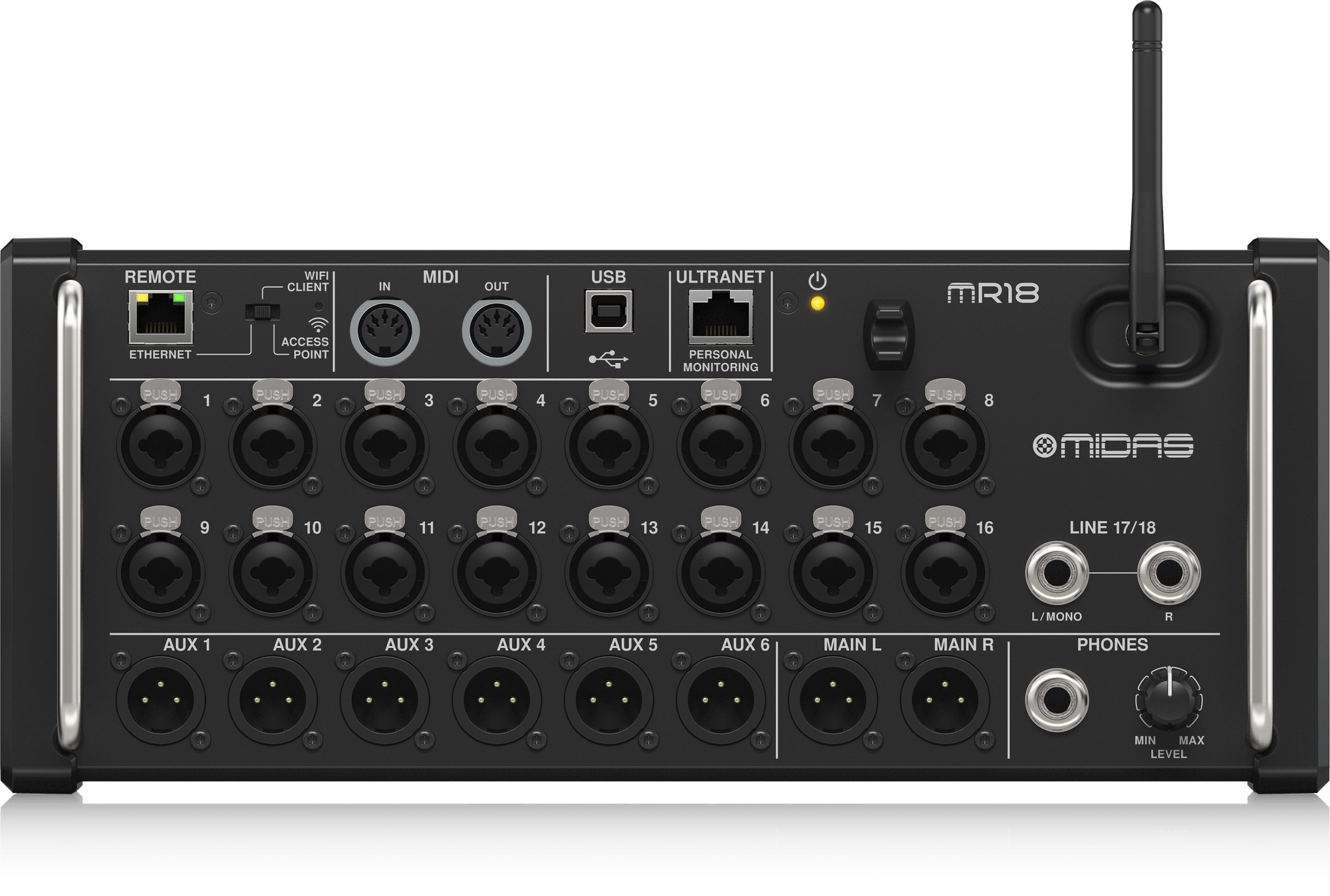 MR18 18-Input Digital Mixer for iPad/Android Tablets with 16 Midas PRO Preamps, Integrated WiFi Module and Multi-Channel USB Audio Interface