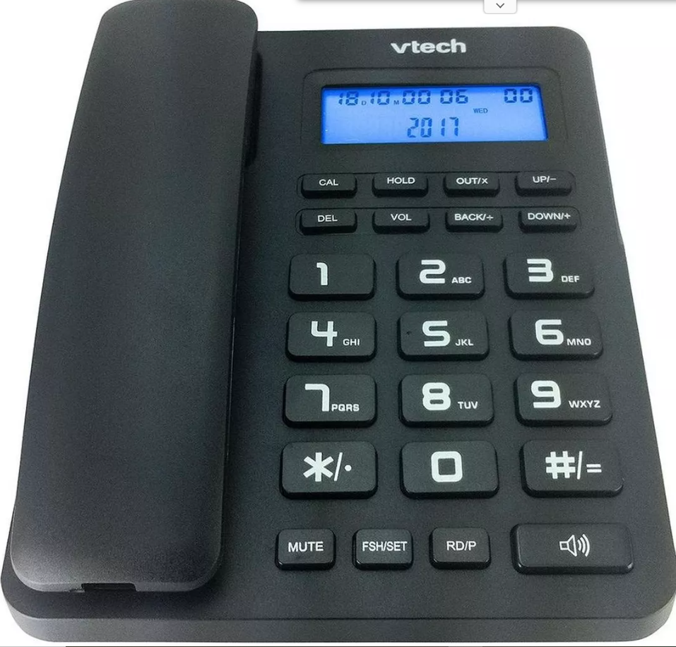 Teléfono Alámbrico Analógico de Mesa con Altavoz Bidireccional, Pantalla LCD, Identificador de llamadas DTMF y FSK, Llamada en Espera con Música, 16 Melodías de timbrado, Escritorio o Pared, Flash Configurable, Alarma Despertador con 3 ajustes.