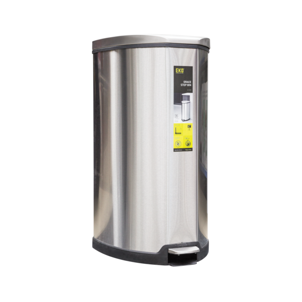 EK9209MT-35 Eko Grace Fingerprint Resistant Brushed Stainless Steel Soft Closing Lid Step Bin Silver and Black 35 Liter EK9209MT-35L 