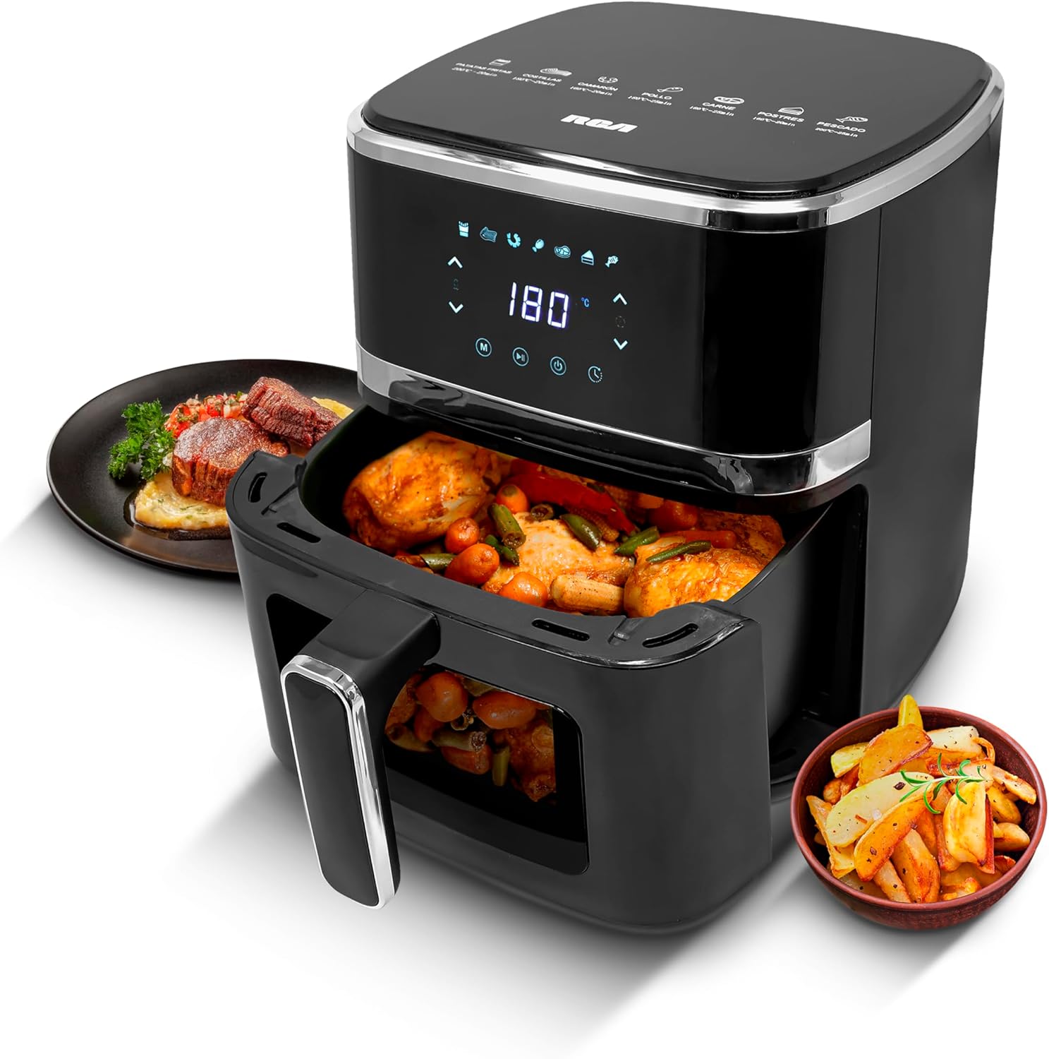 RC-110 Freidora de Aire RC-110, Capacidad de 5 Litros, 8 Cocciones Predeterminadas, Cocina Sin Grasa, Olla Antiadherente, Temporizador con Apagado Automático, Ideal para Hogar, Diseño Moderno en Negro.